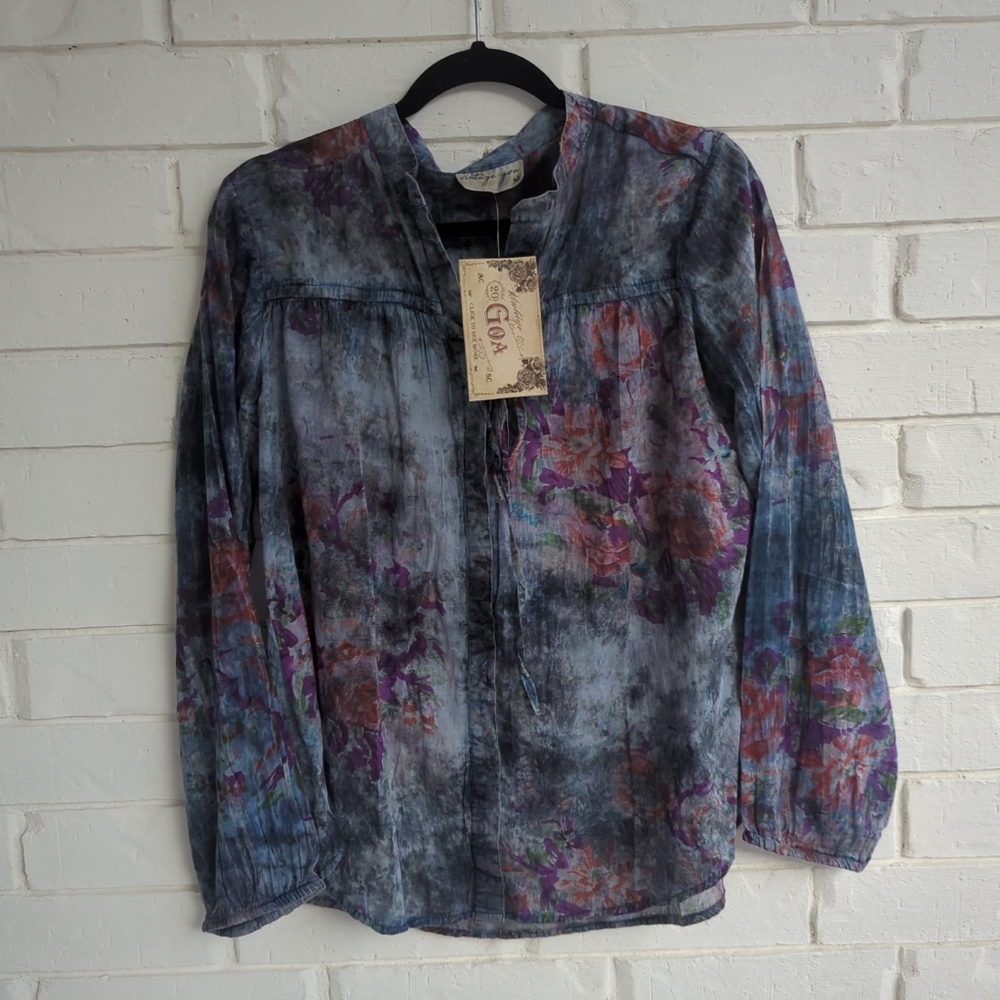 Vintage Goa Floral Boho Peasant Buttondown Blouse Blue 100% Cotton
